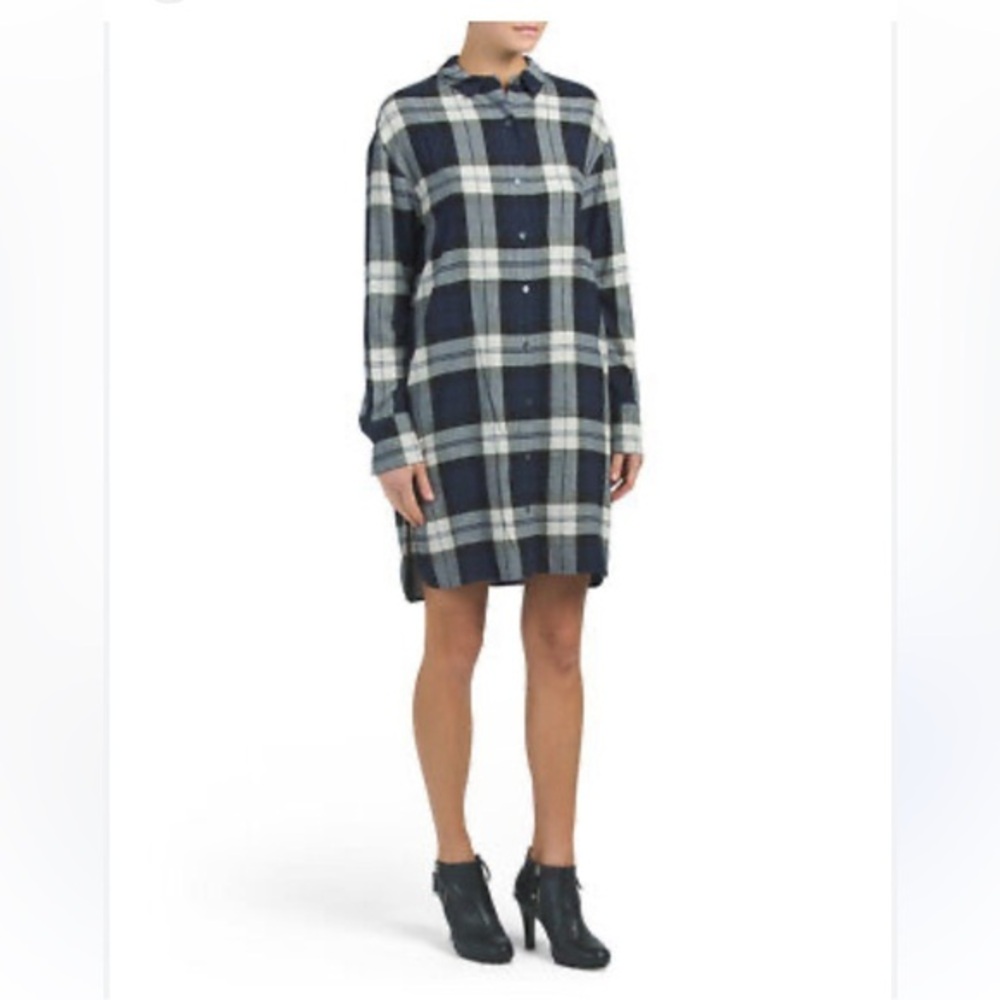 Theory wool blend Sz large L Black and White Plaid Button-Up Shirt dress flannel